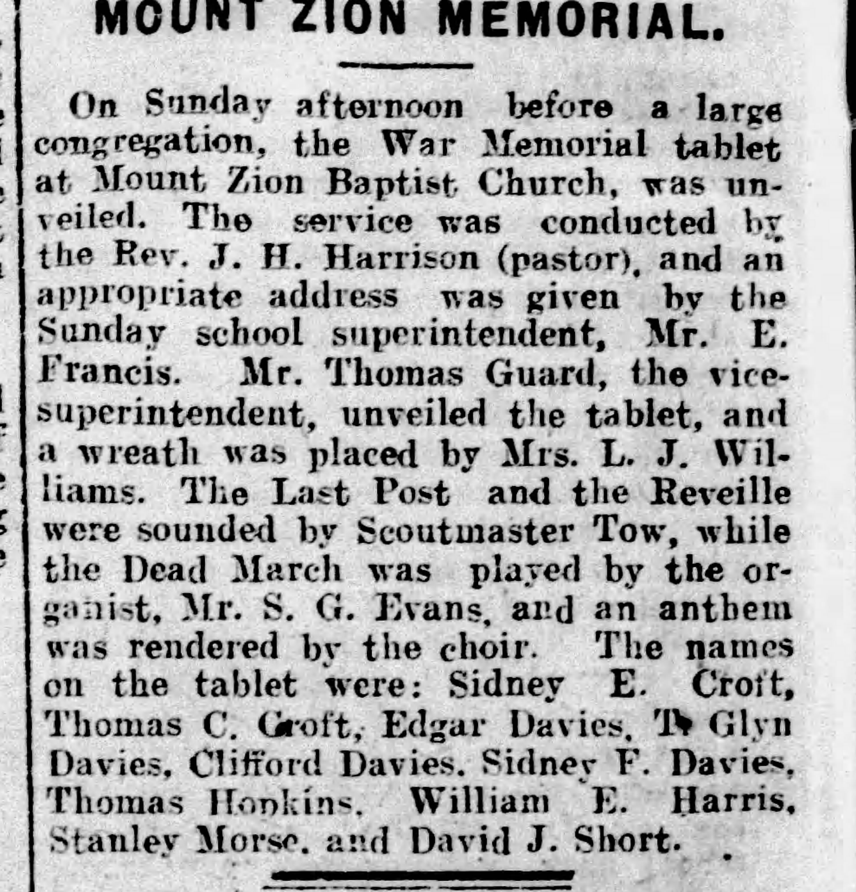 Newspaper report, Mount Zion Memorial 1922, Thomas Guard vice-superintendent